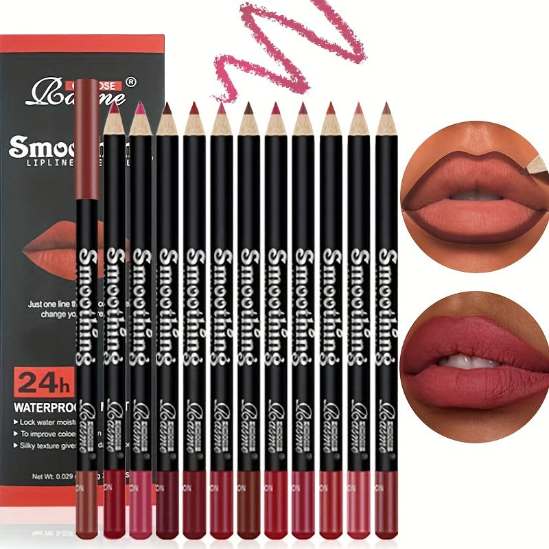 Set de 12 lápices de perfilador de labios mate en tonos mocha surtidos para contornear y definir los labios