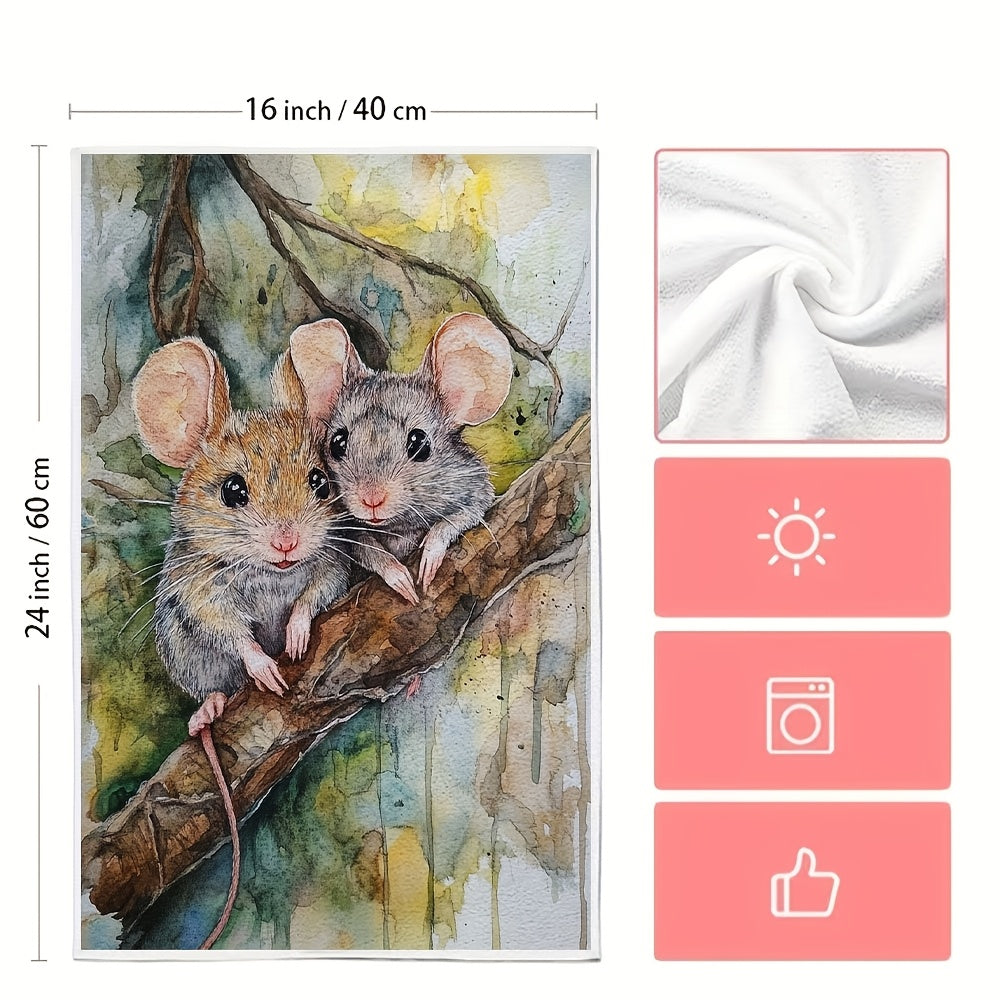 Set of 2 Ultra Soft Kitchen Towels with Mouse Couple Design, 40x60 cm, Absorbent