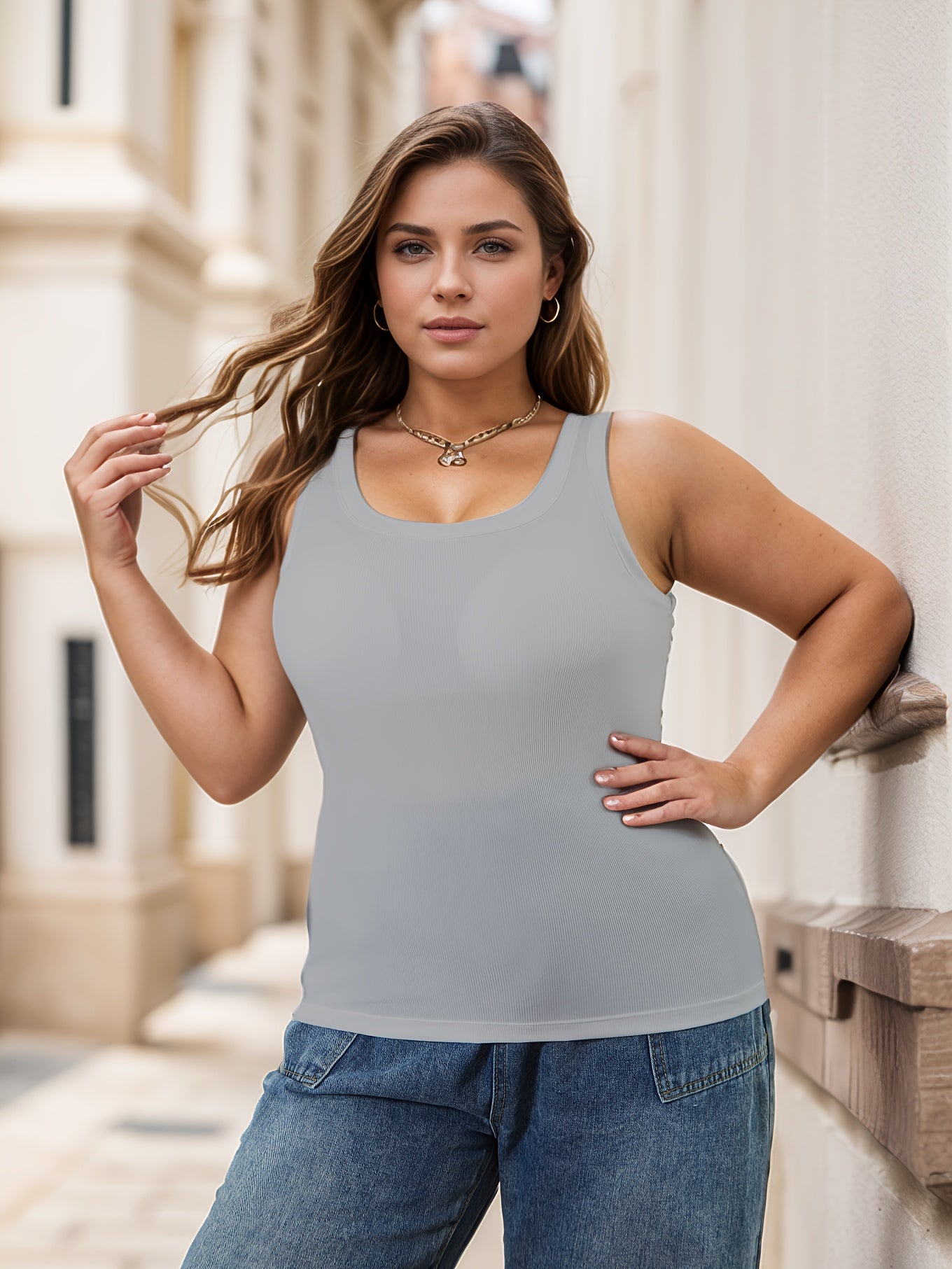 Plus Size Women's Cotton Ribbed Camisole with Built-In Padding and Chest Pad