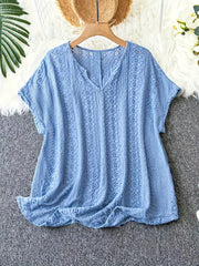 Blusa de escote en V de manga corta con mangas murciélago y encaje de ojete, verano, poliéster sólido
