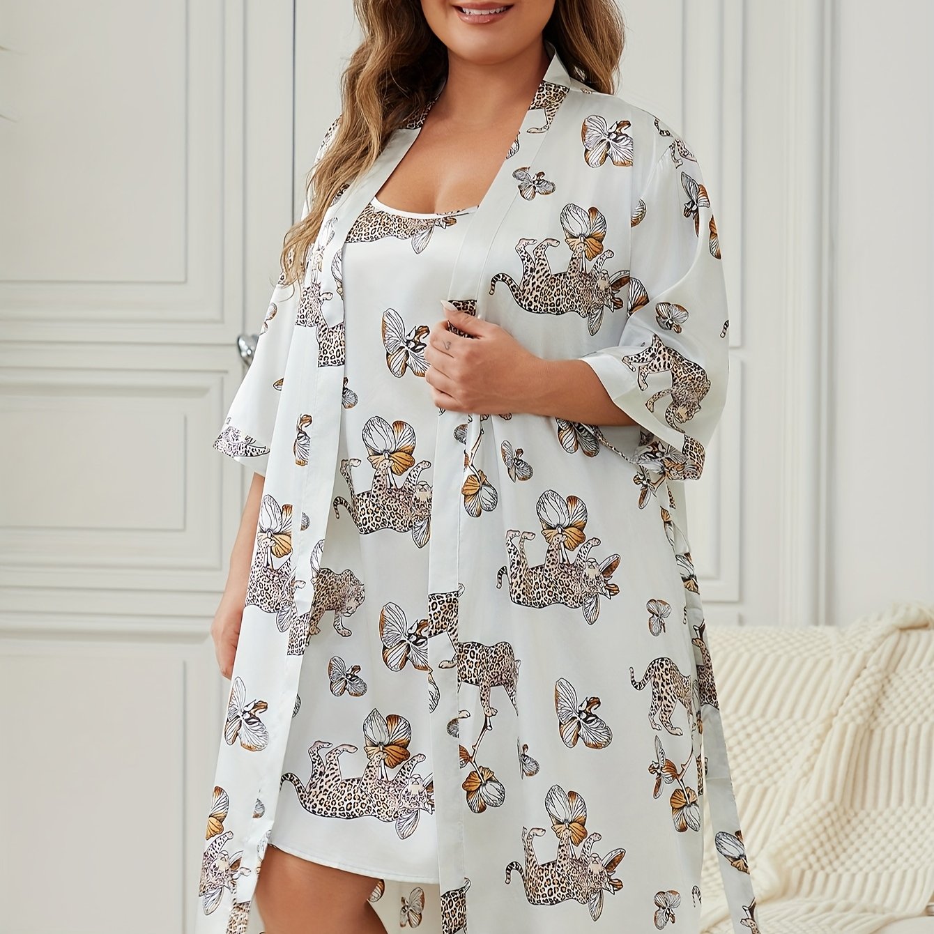 Plus Size Satin Leopard Print Pajama Set with Robe and Cami Dress