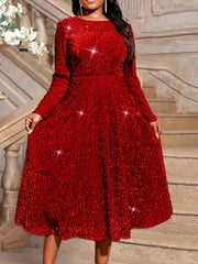 Women's Elegant Sequin A-Line Formal Party Dress with Long Sleeves