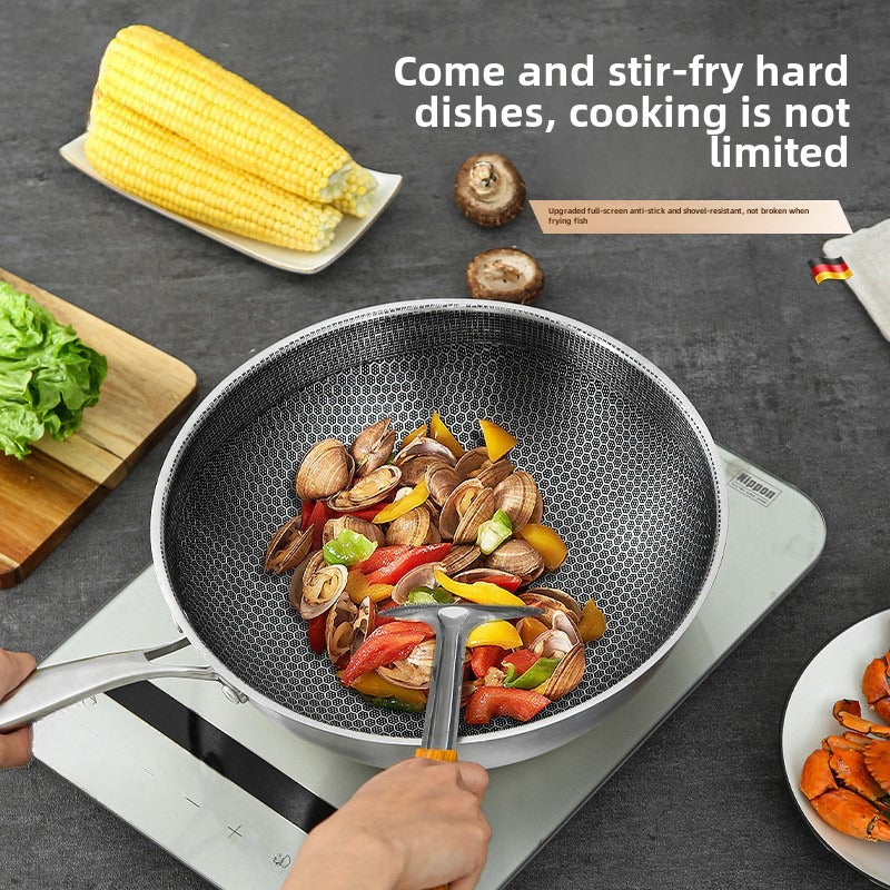 Stainless Steel Wok with Honeycomb Pattern Non-Stick Scratch-Resistant for Stir-Frying on Gas and Induction Cooktops