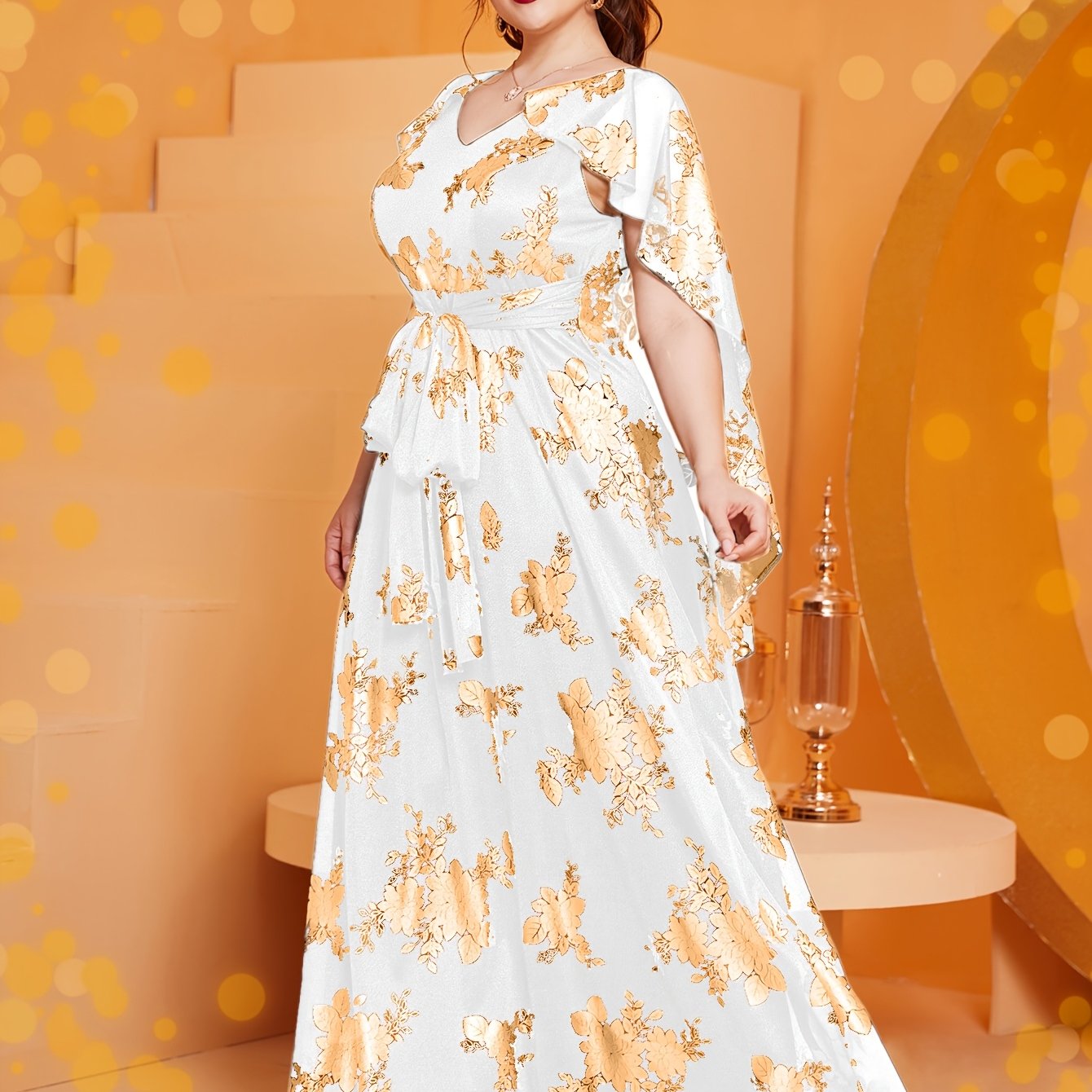 Plus Size Women's Maxi Dress V-Neck Floral Print Sleeveless Burgundy Golden All-Season Formal Evening