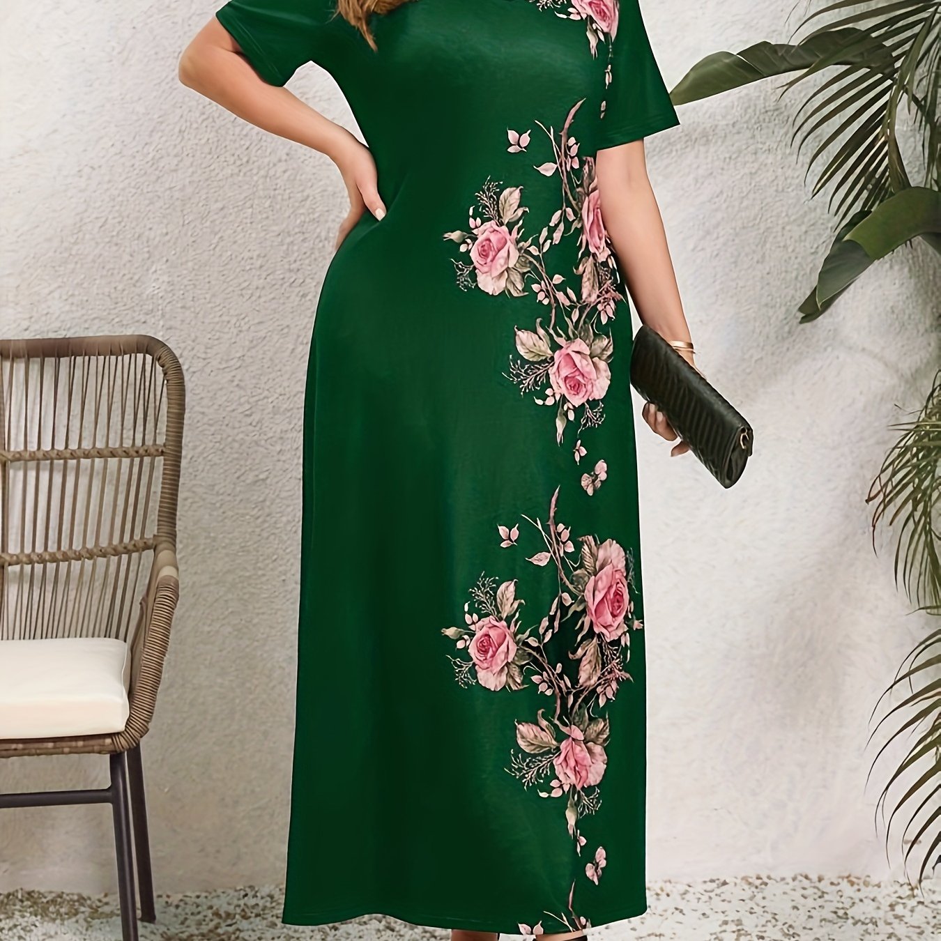 Plus Size Floral Print Slim Dress V-Neck Short Sleeve for Spring Summer Vacation