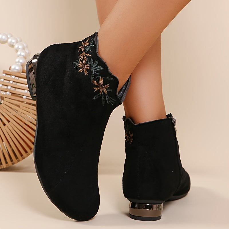 Women's Flannel Ankle Booties with Zipper & Embroidery Low Heel