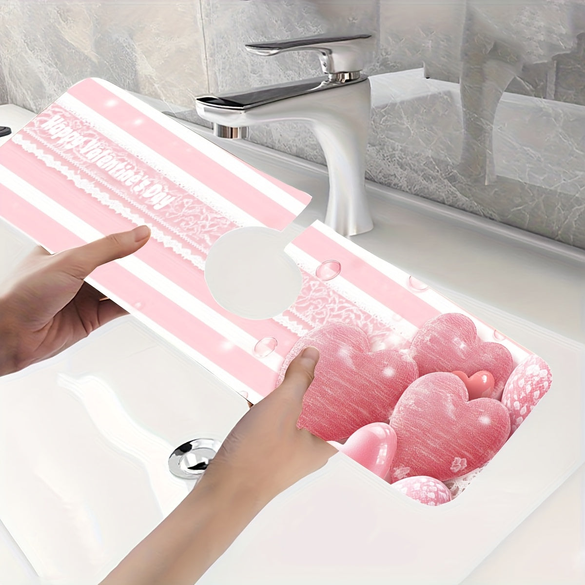 Pink Striped Love Faucet Mat Moisture-Proof Absorbent Kitchen Bathroom Drain Pad