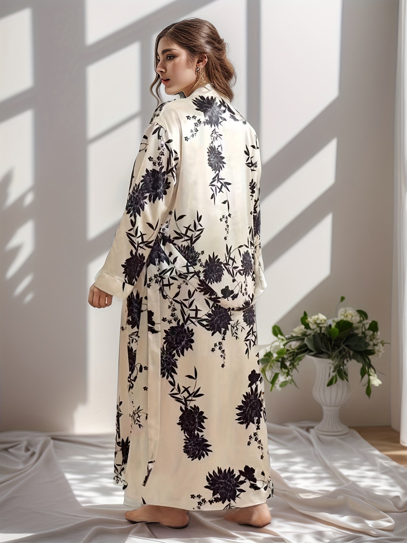 Women's Plus Size Satin Robe Floral Print Long Sleeve Belt Nightgown