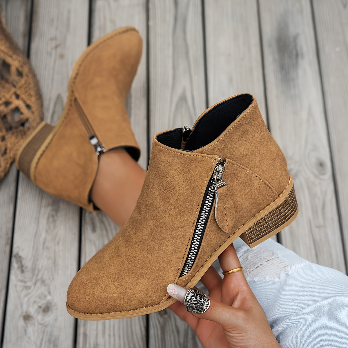 Women's Ankle Boots Pointed Toe Faux Leather Side Zipper All-Season Brown