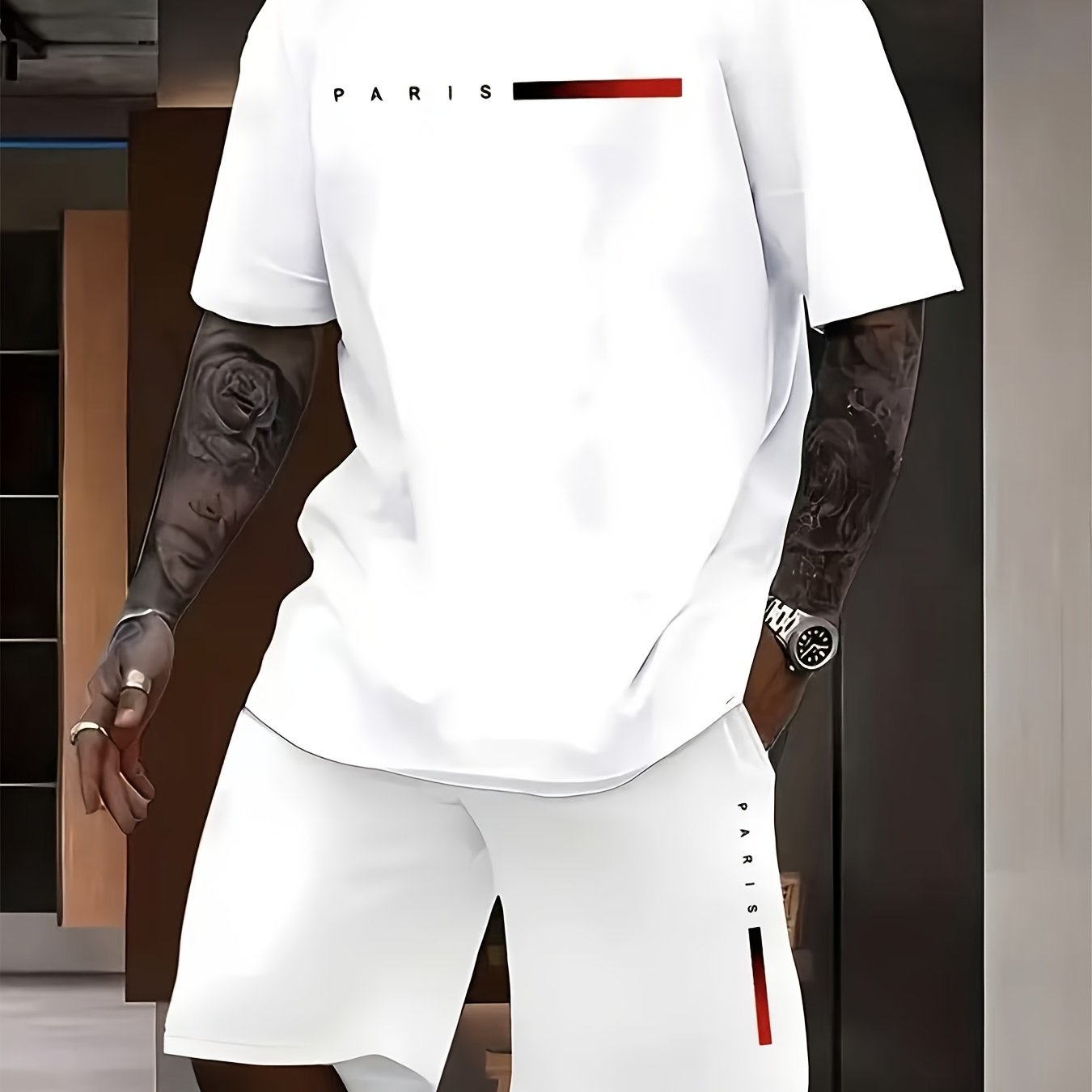 Men's Short-Sleeve Pajama Set with Geometric Pattern Polyester Spandex for All Seasons