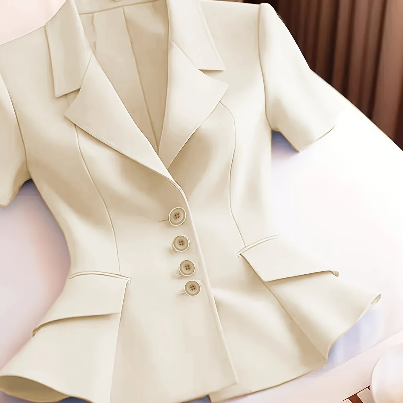 Pink Women's Blazer Short Sleeve Ruffled Hem Slimming Fit Office Casual Polyester