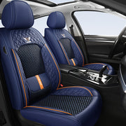 Fundas de asientos de coche de lujo para vehículos de 5 plazas, azul marino y naranja, malla transpirable, cuero PU