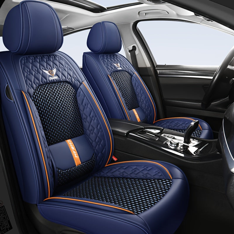 Fundas de asientos de coche de lujo para vehículos de 5 plazas, azul marino y naranja, malla transpirable, cuero PU