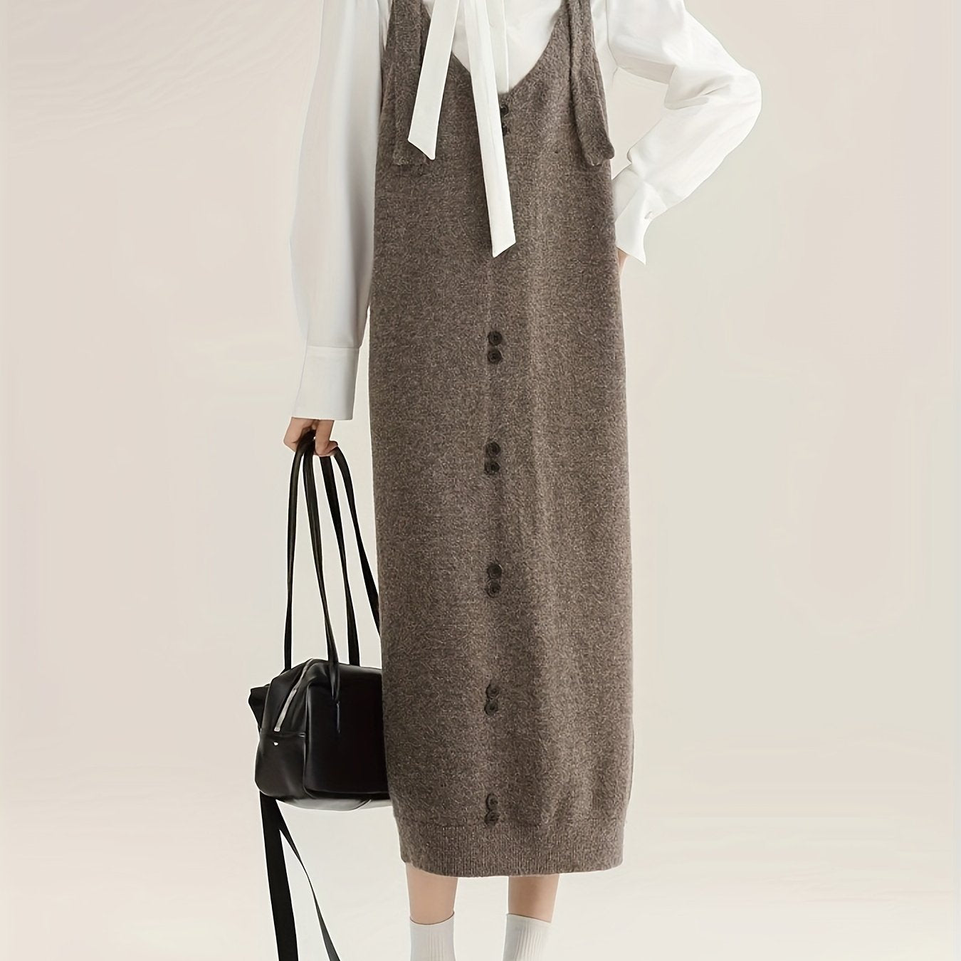 Women's Sleeveless V-Neck Maxi Dress with Buttons, Elastic Solid Color Casual Layering