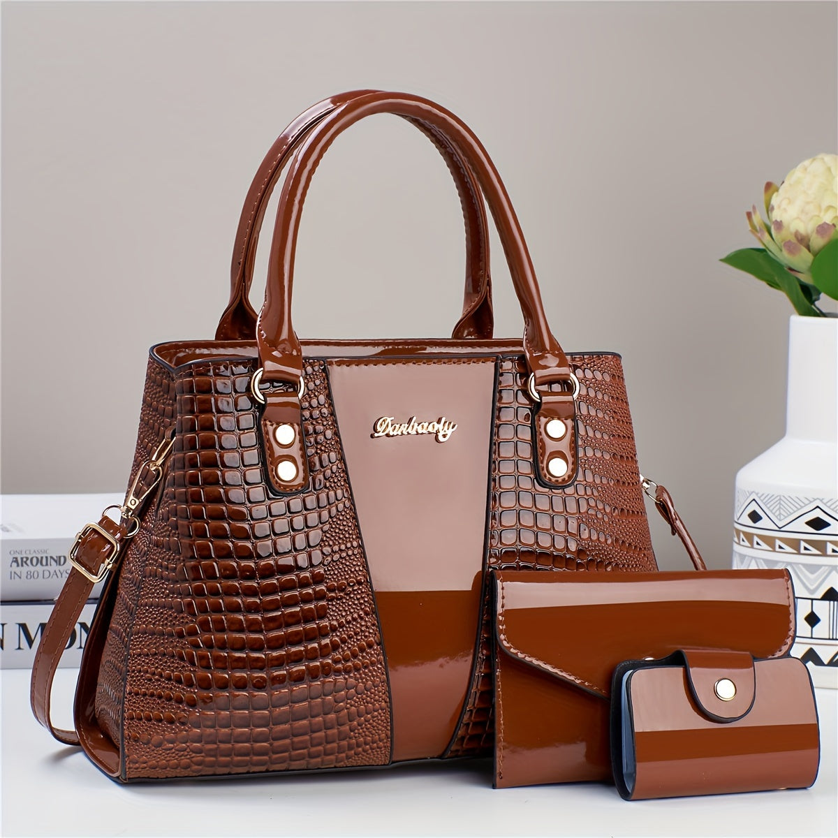 3-Piece PU Handbag Set with Crocodile Pattern Crossbody Shoulder Bag and Coin Purse