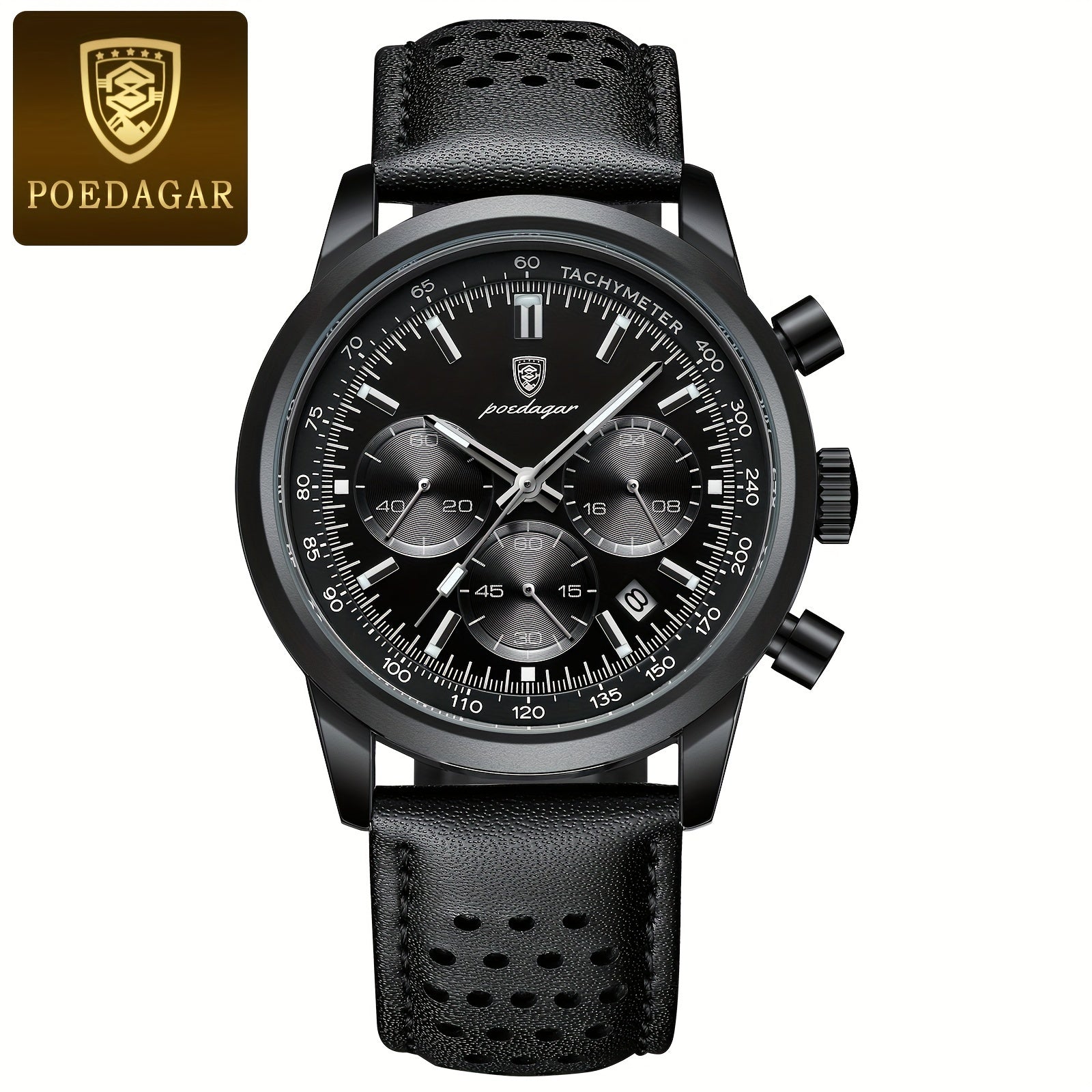 Men's Chronograph Quartz Business Watch with Luminous Dial PU Leather Strap