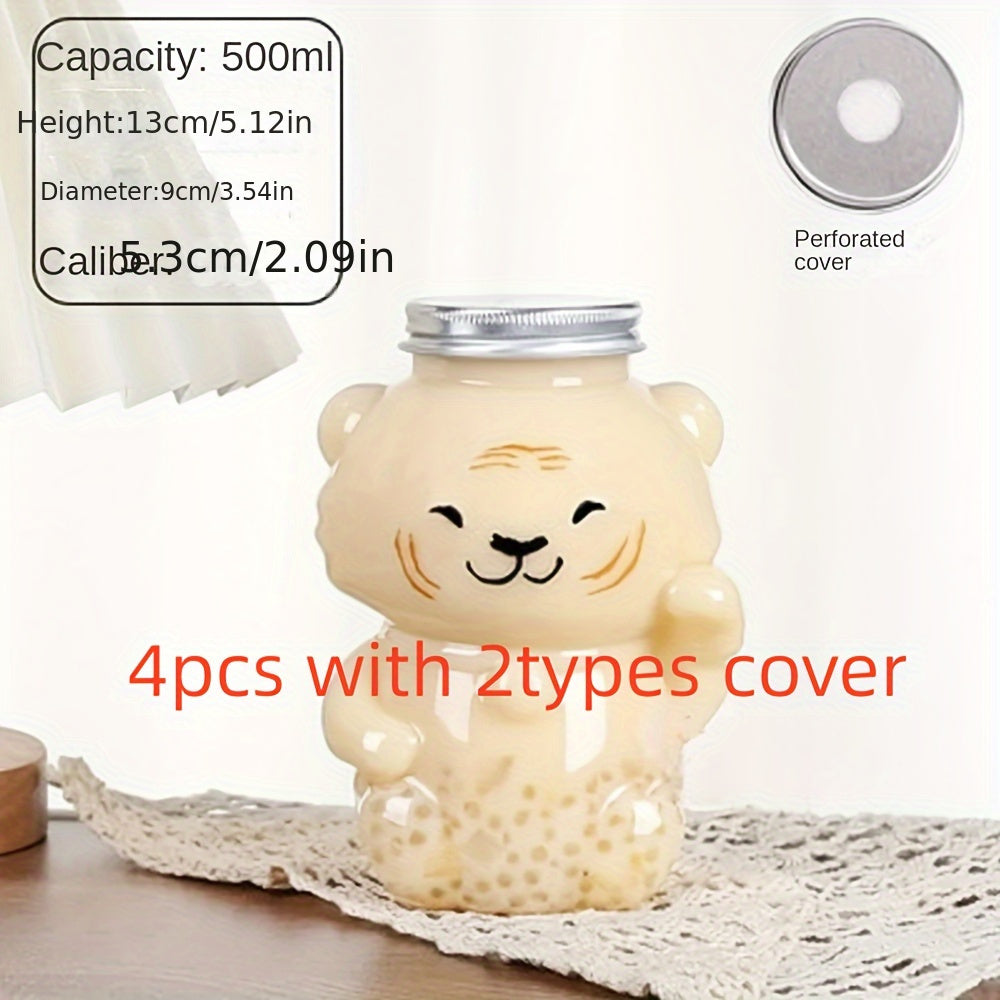 500ml Milk Tea Juice Bottles with Bear and Tiger Designs, Disposable PET Water Bottles with Lids, Pack of 1 or 4