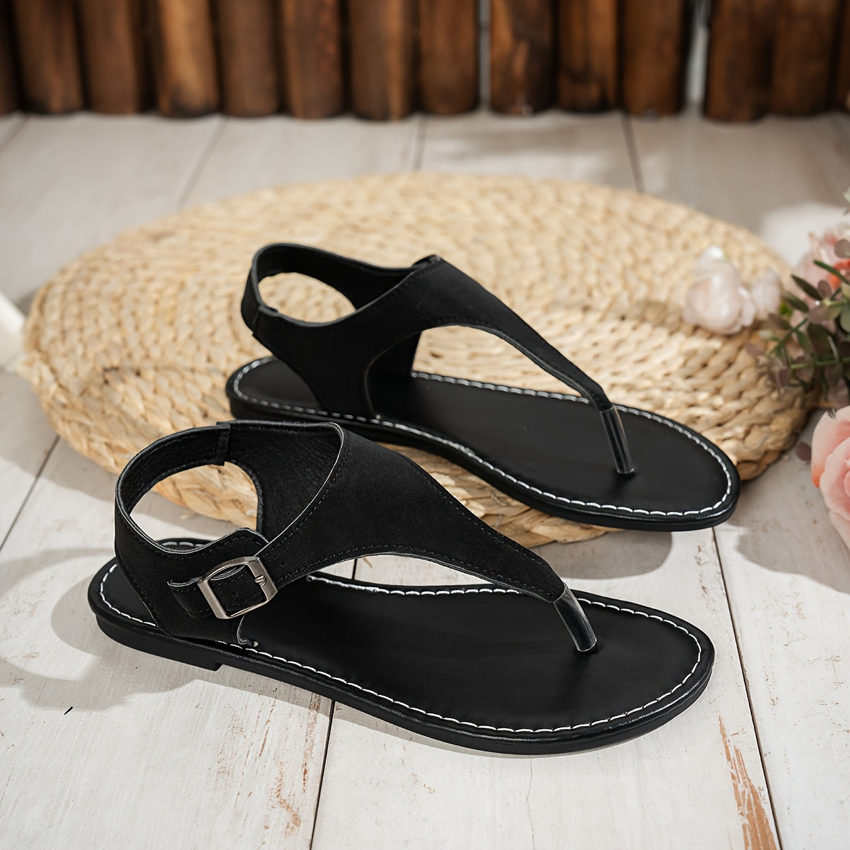 Women's Leopard Print Toe-Post Flat Sandals Black Brown Summer Casual