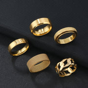 Set of 5 Stainless Steel Rings with Gold Rotatable and Hollow Out Hip Hop Styles