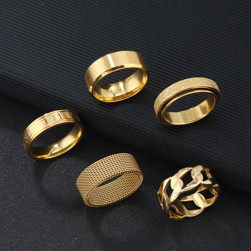Set of 5 Stainless Steel Rings with Gold Rotatable and Hollow Out Hip Hop Styles