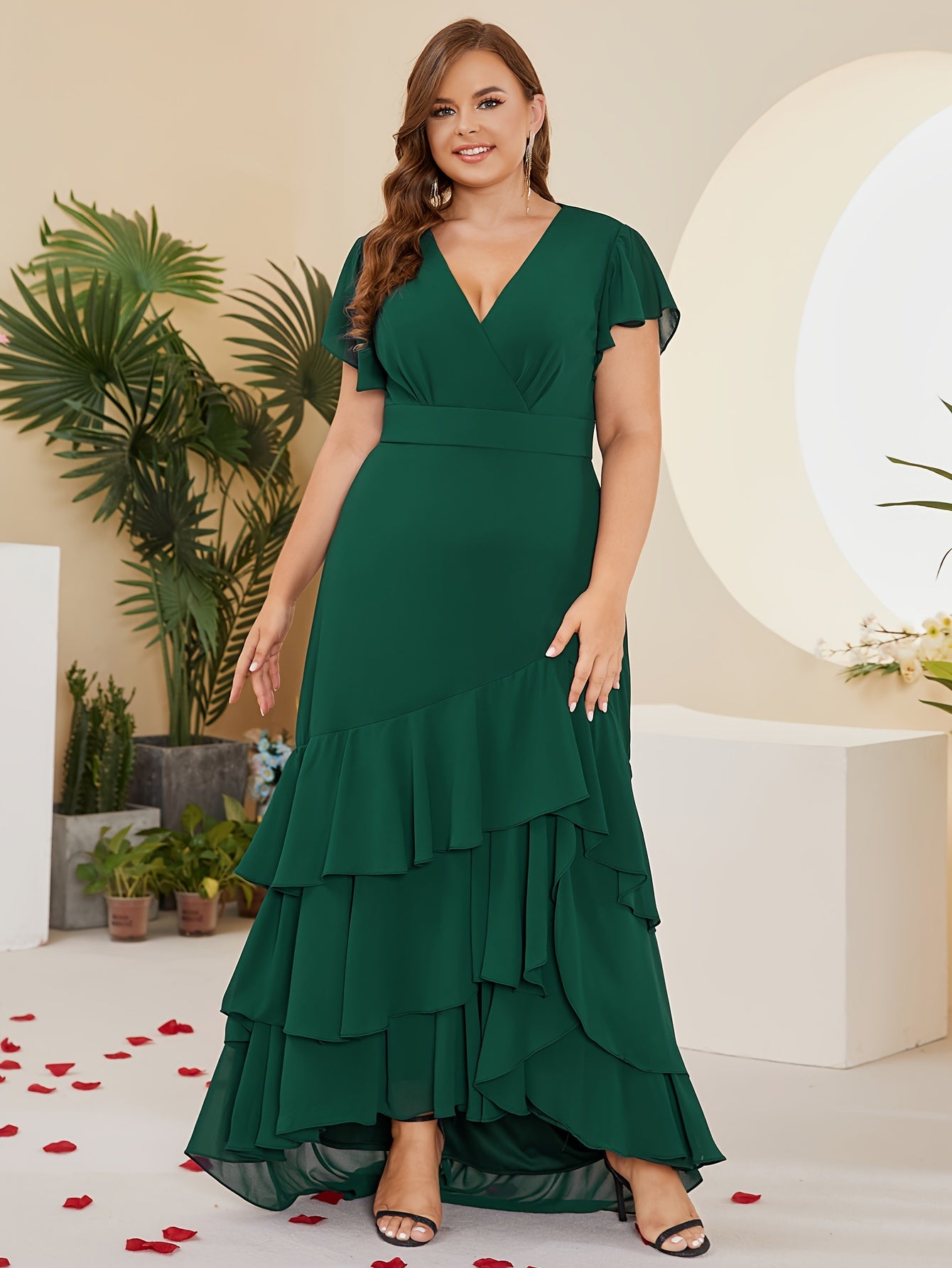 Plus Size Dress Solid Ruffle Hem Longline Flutter Sleeve Party Glam