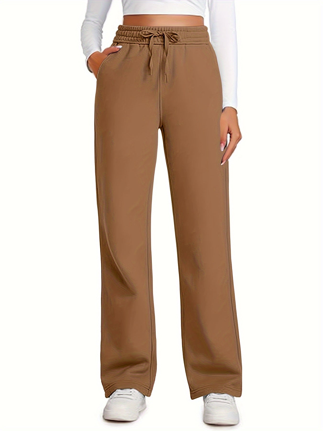 Plus Size High Waist Drawstring Sweatpants Polyester Knit Casual Wide Leg Lounge Pants