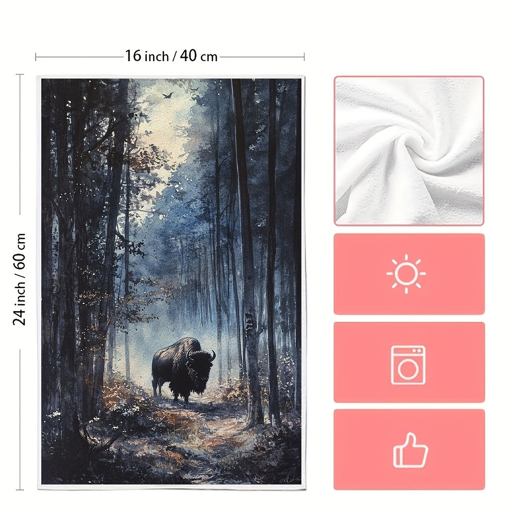 Ultra Soft Kitchen Towels Set of 2 Bison Woods Scene 40x60cm Absorbent