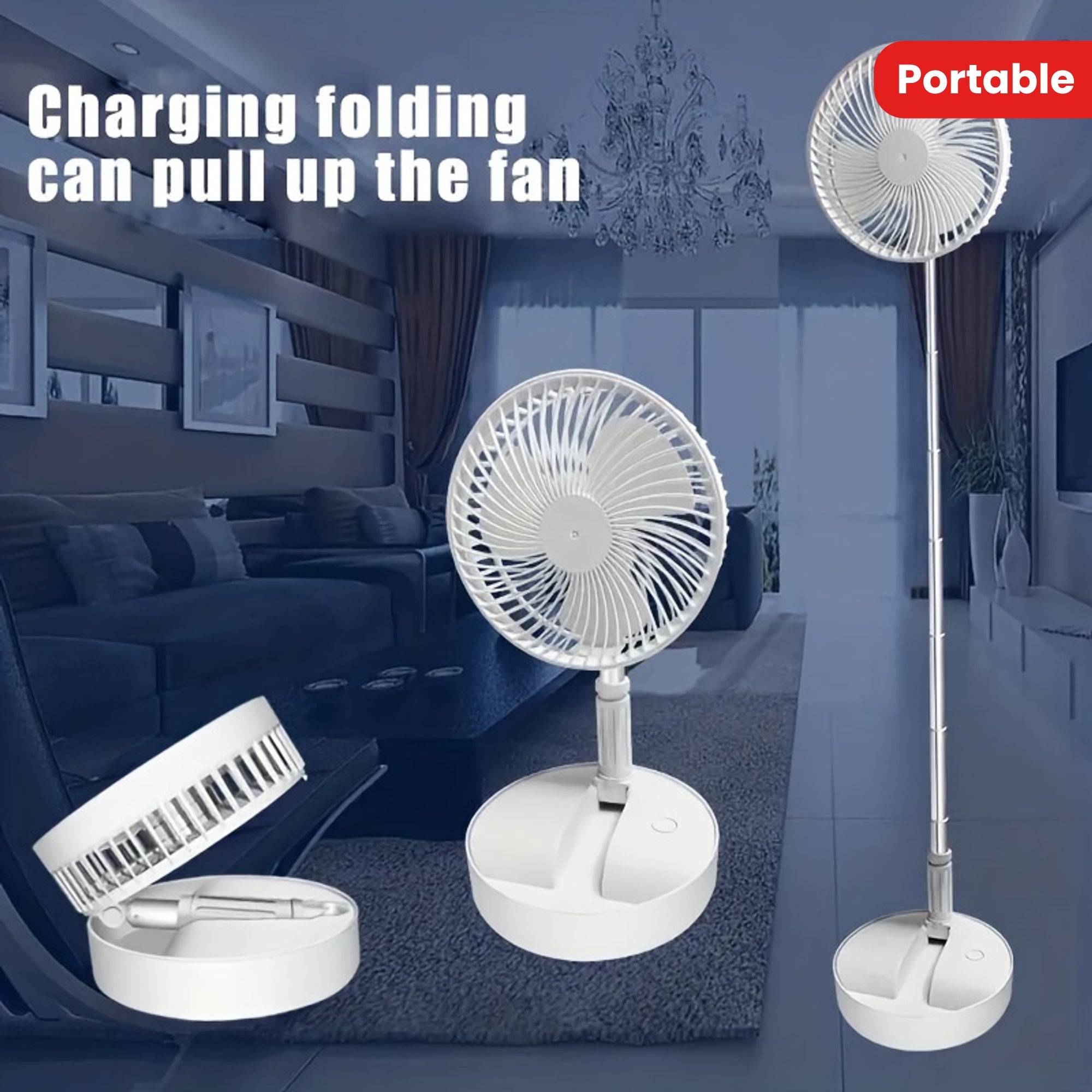 Portable Plastic Fan with Adjustable Height, 4 Speeds, Oscillating, USB Rechargeable
