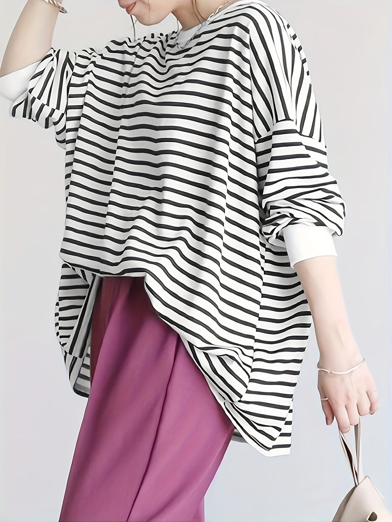 Plus Size Striped Pullover Sweatshirt Women's Long Sleeve Crew Neck Casual Autumn Spring