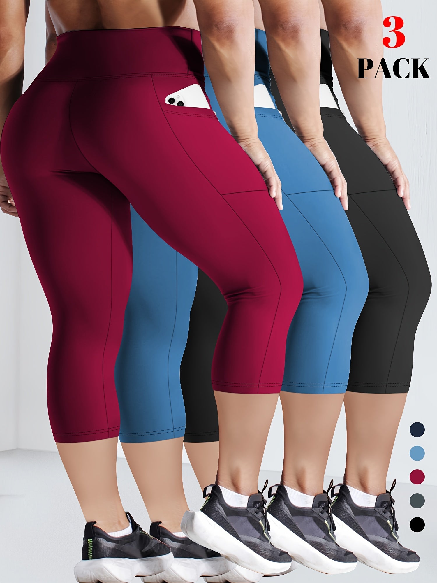Plus Size Women's High-Waisted Tummy Control Capri Leggings 3-Pack