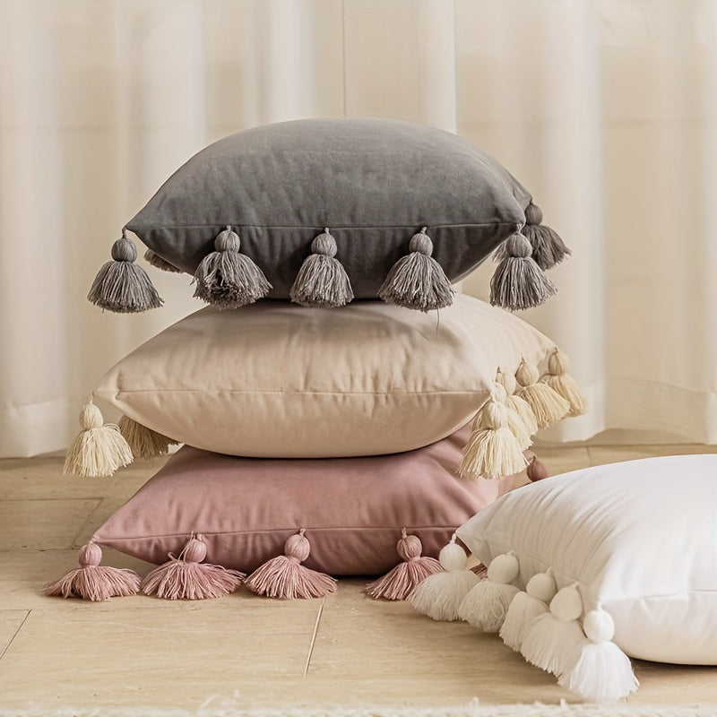 Boho Style Velvet Throw Pillow Cover 44x45 cm Solid Color with Tassels for Home Decor