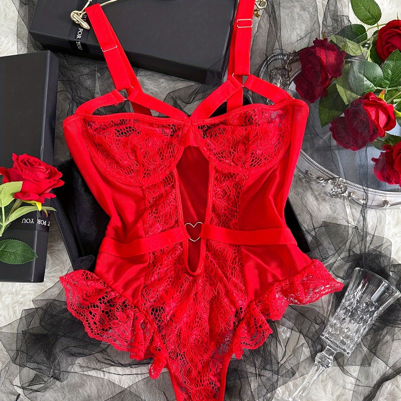 Women's Lace Teddy and Thong Bodysuit with Heart Trim Sexy Lingerie