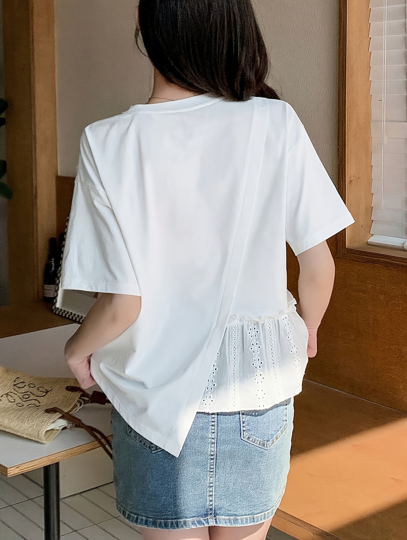 Women's Y2K Asymmetrical Hem 2-in-1 T-Shirt Solid Color Short Sleeve