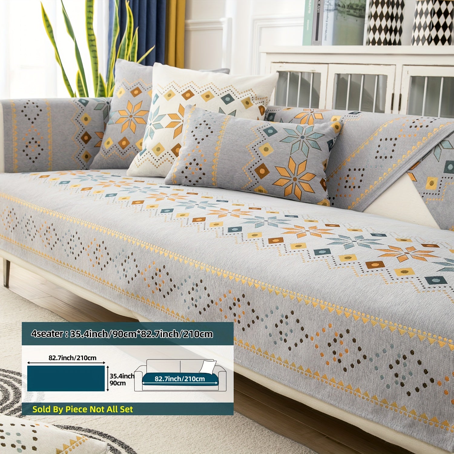 Bohemian Chenille Sofa Slipcover with Geometric and Floral Patterns for All-Season Use