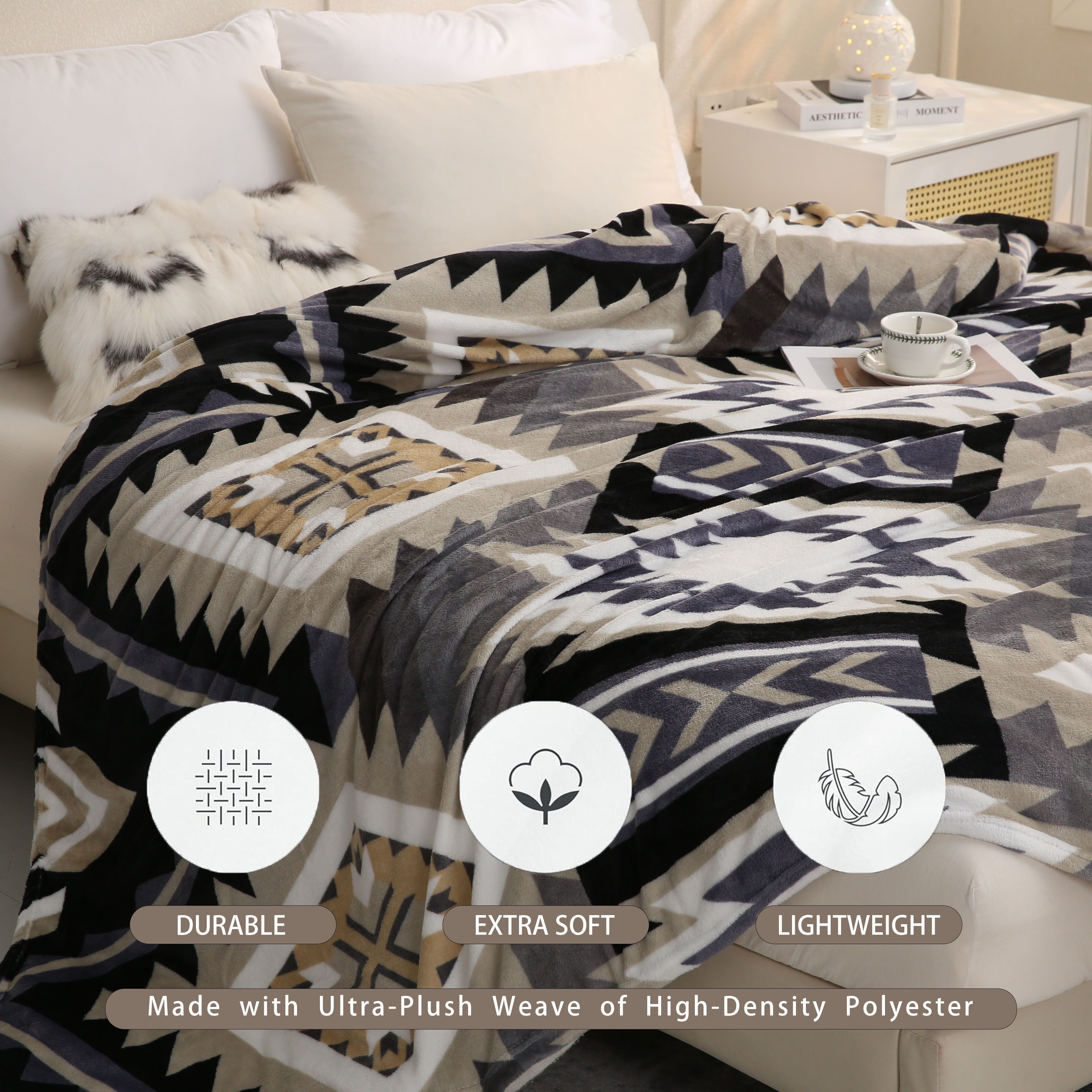 Manta de felpa de estilo nativo americano con patrón azteca, suave, ligera y perfecta para sofá, cama o viajes