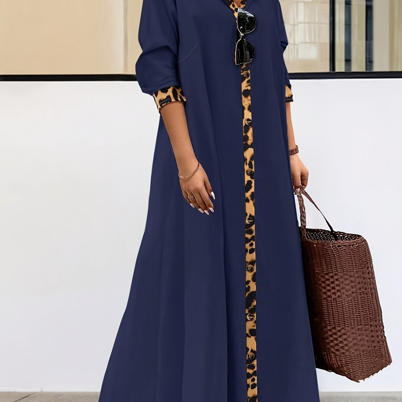 Plus-Size Leopard Print Dress with Collar Long Sleeves and Elegant Skirt for Spring and Autumn