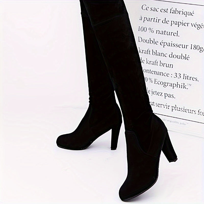 Women's Solid Color Over Knee High Heel Boots Slip-On Comfortable