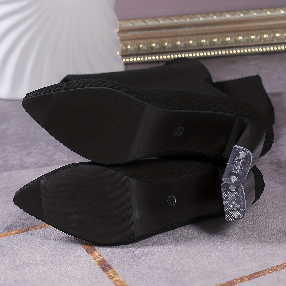 Women's Knit Booties Slip-On Pointed Toe Chunky Heel Casual