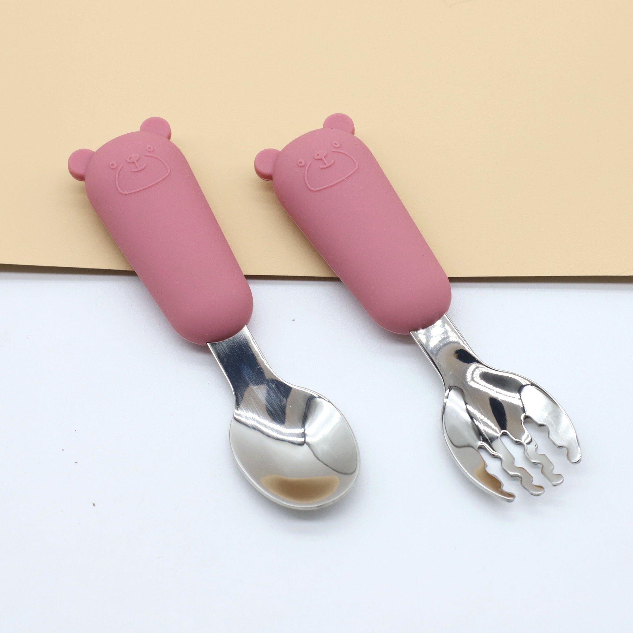Baby Feeding Utensils Set Silicone and Stainless Steel Bear Shape for Babies Red Blue