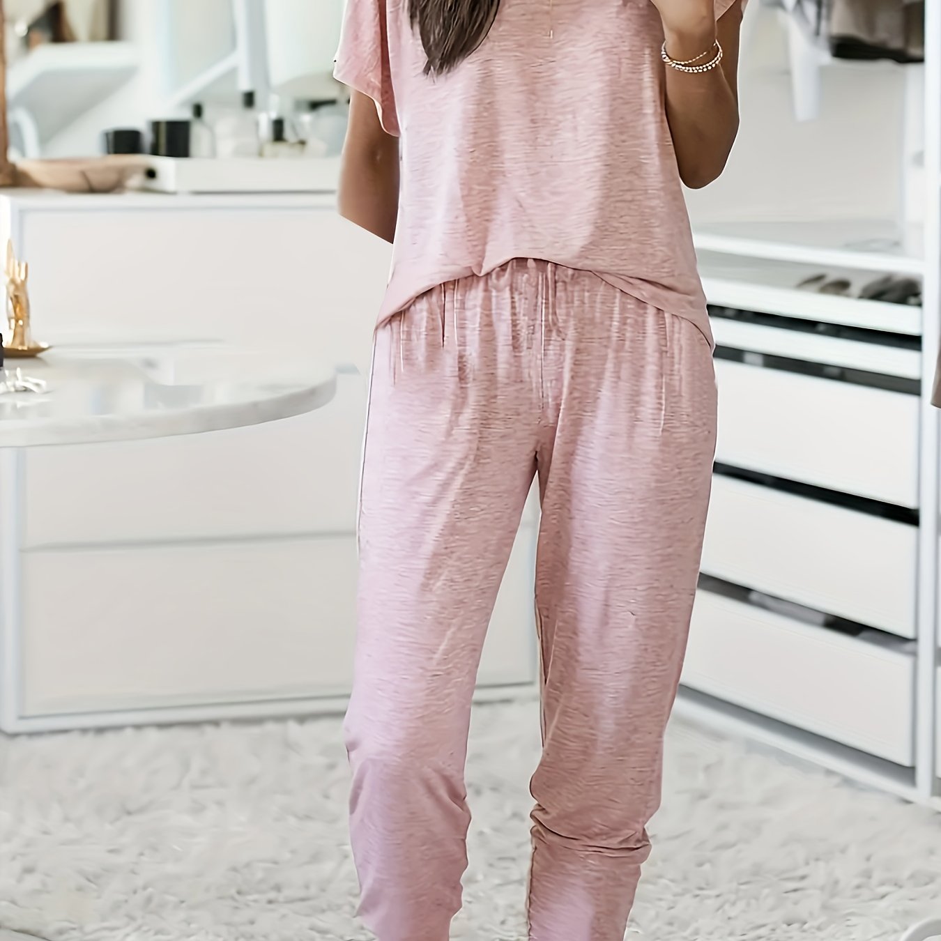 Women's Plus Lounge Set Solid Round Neck Top and Drawstring Pants