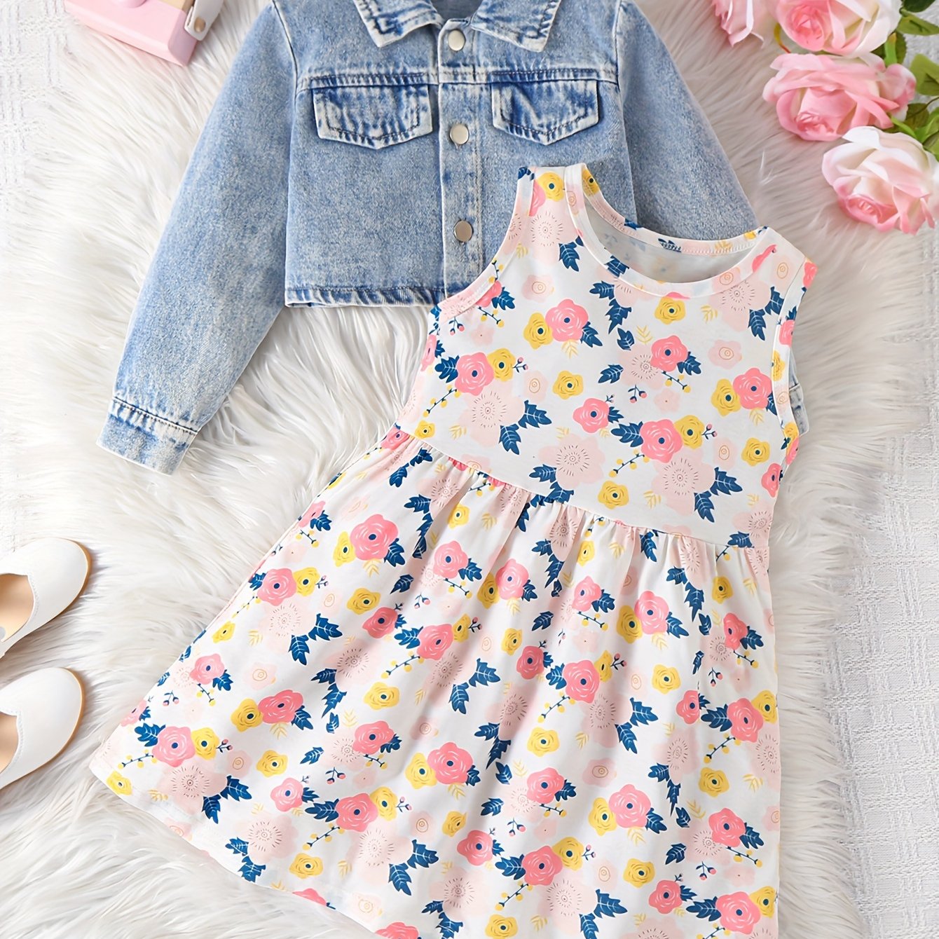 Conjunto de vestido de dos piezas para niñas con patrón de mariposa y cárdigan de mezclilla para primavera y otoño