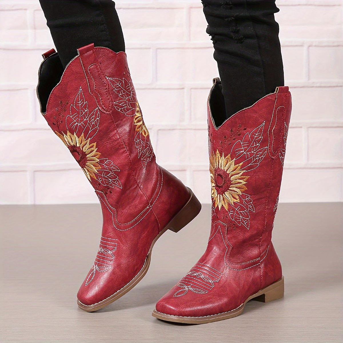 Women's Faux Leather Embroidered Mid Calf Western Boots