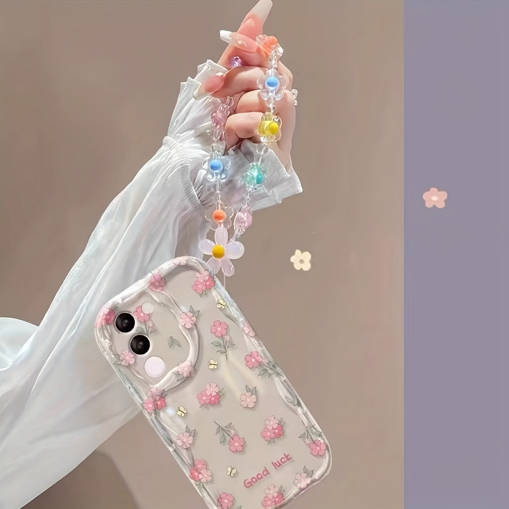 Прозрачный чехол для цветов из порошка для Galaxy S24 Ultra и S24 FE, подходит для защиты S25 Ultra и A15. Включает мягкий корпус с кремовым узором, ручную цепочку из цветочных бусин и