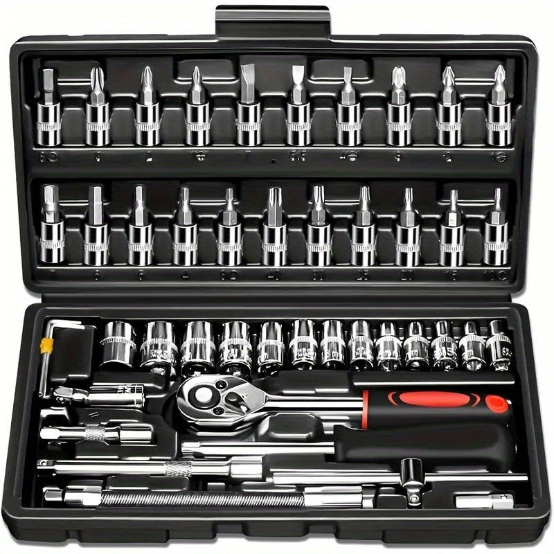 46-Piece Socket Wrench Set with Ratchet Extension & Bits, Stainless Steel