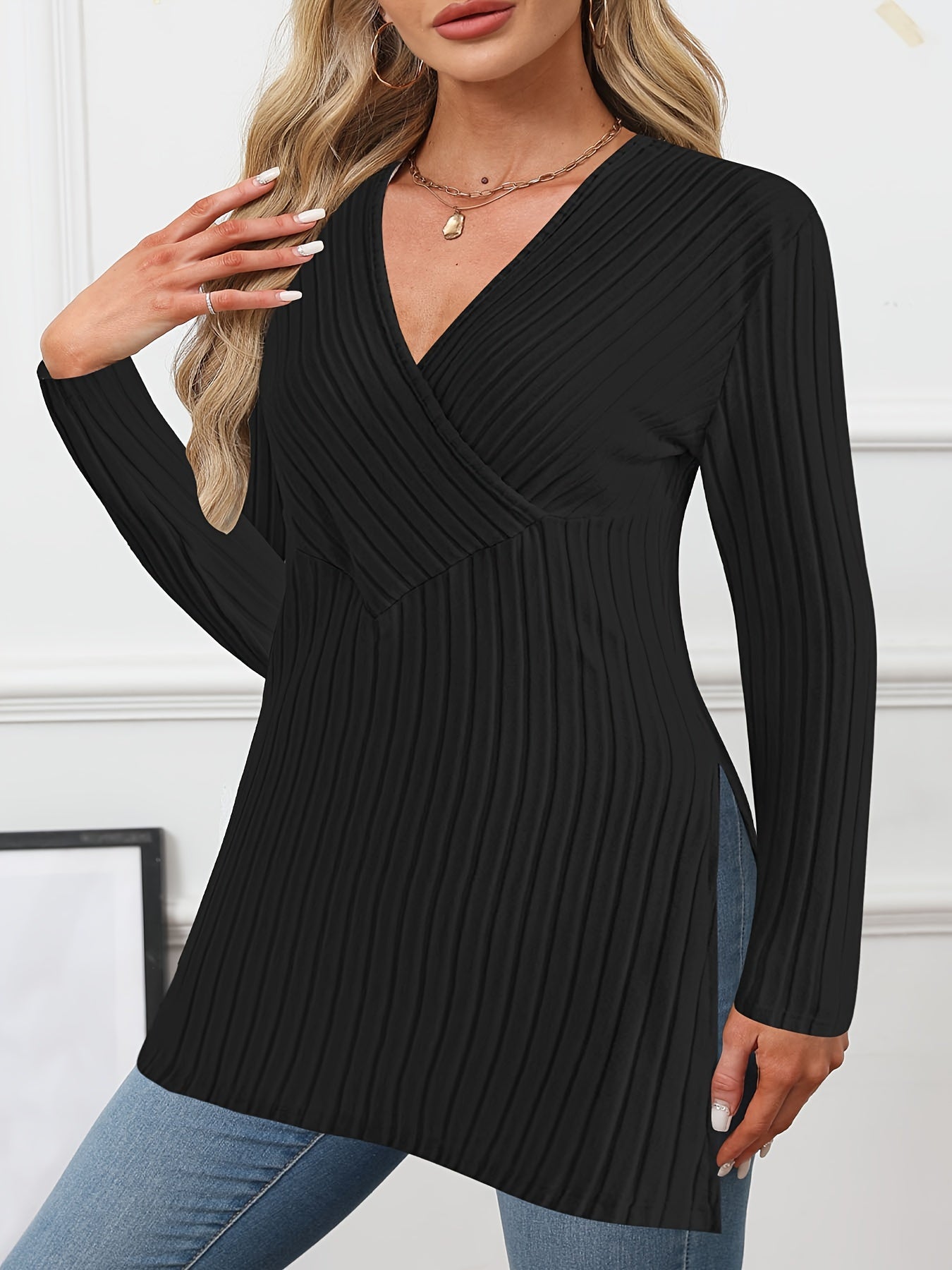 Plus Size Ribbed Knit V-Neck Sweater with Side Split Hem All-Season