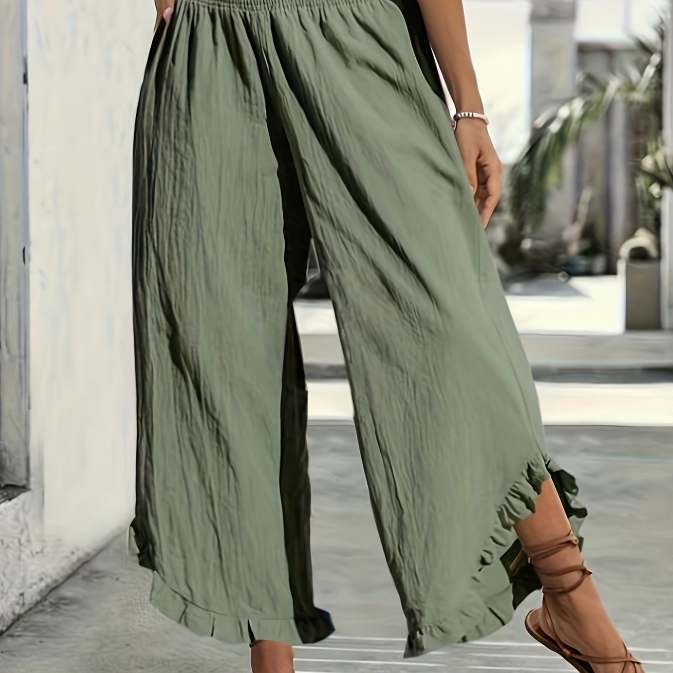 Women Plus Size High-Waist Palazzo Pants Ruffle Hem Side Slit Solid Color