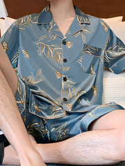 Men's Summer Floral Pajama Set Short Sleeve Lapel Collar Polyester Elastane Black