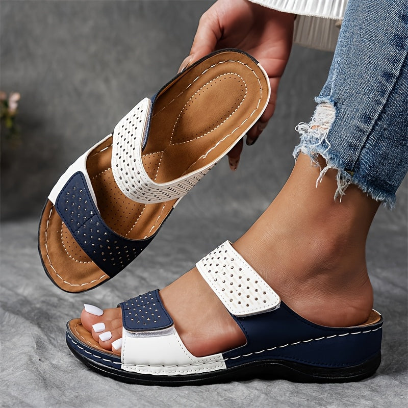 Women Summer Solid Color Wedge Sandals Open-Toe Platform Rhinestone