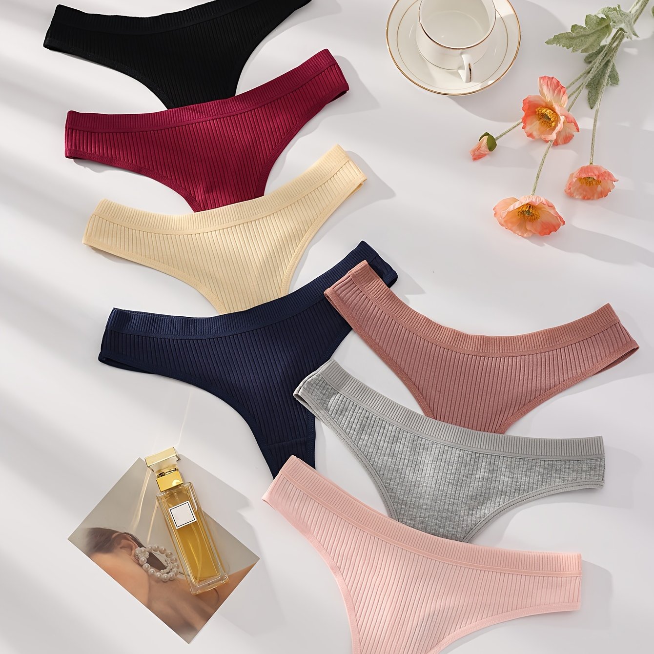 7-Pack Women's Ribbed Seamless Thongs V-Strings Comfortable Fit Solid Color