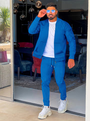 Men's Grey Waffle Knit Baseball Collar Sports Set Zip-Up Pants with Drawstring Waist